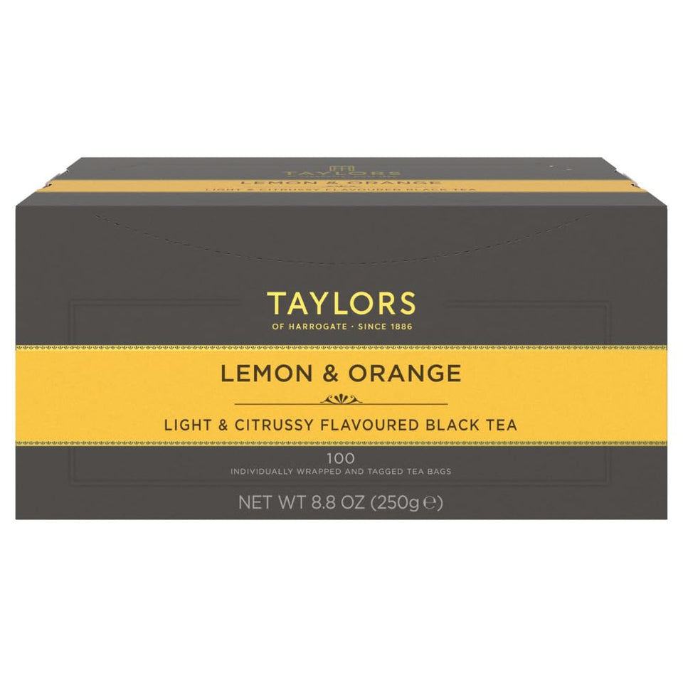 Taylors of Harrogate lemon-orange black tea bags in a box, refreshing morning ritual