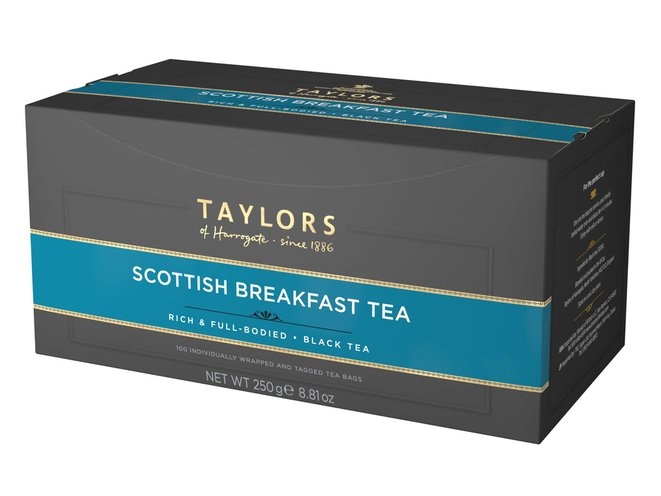 Taylors of Harrogate Scottish Breakfast tea bags ready to brew for a bold morning cup
