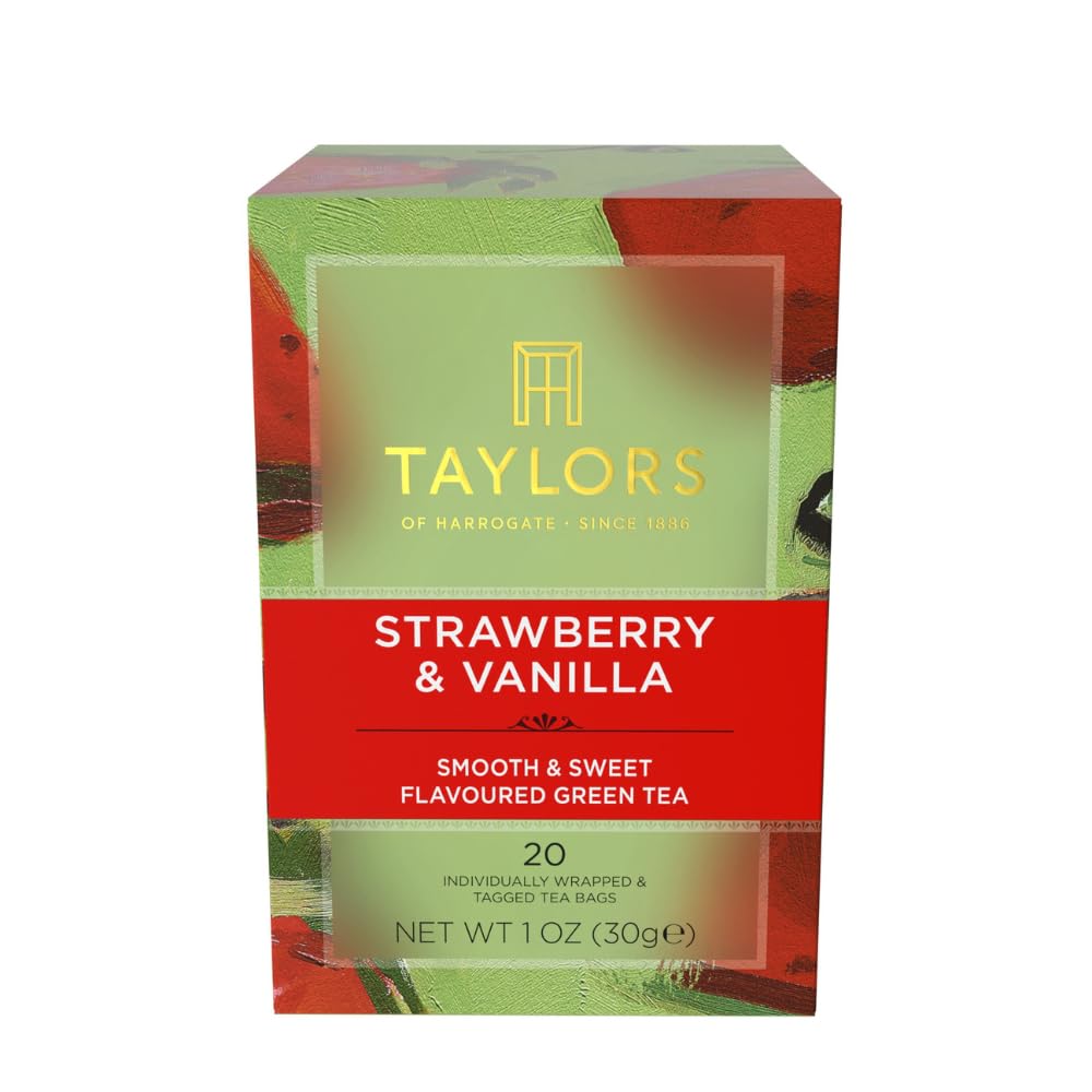 Taylors of Harrogate Strawberry and Vanilla green tea packaging, gift-ready and flavorful