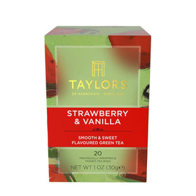 Taylors of Harrogate Strawberry and Vanilla green tea packaging, gift-ready and flavorful