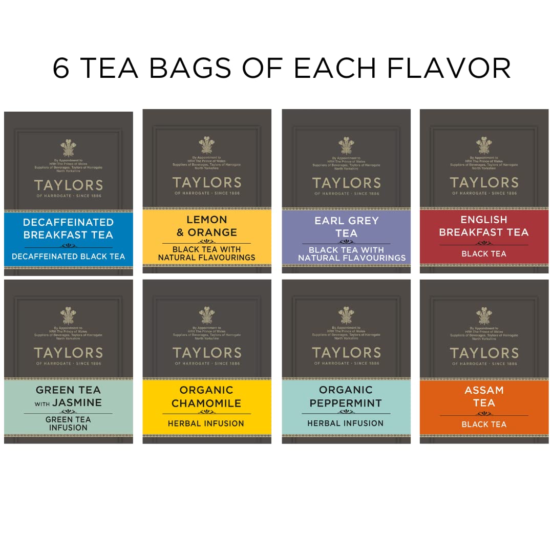 Taylors of Harrogate tea bags variety pack highlighting six flavors for daily rituals