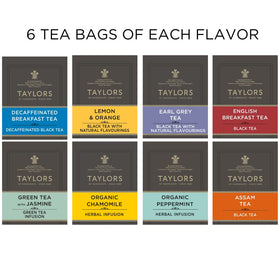 Taylors of Harrogate tea bags variety pack highlighting six flavors for daily rituals