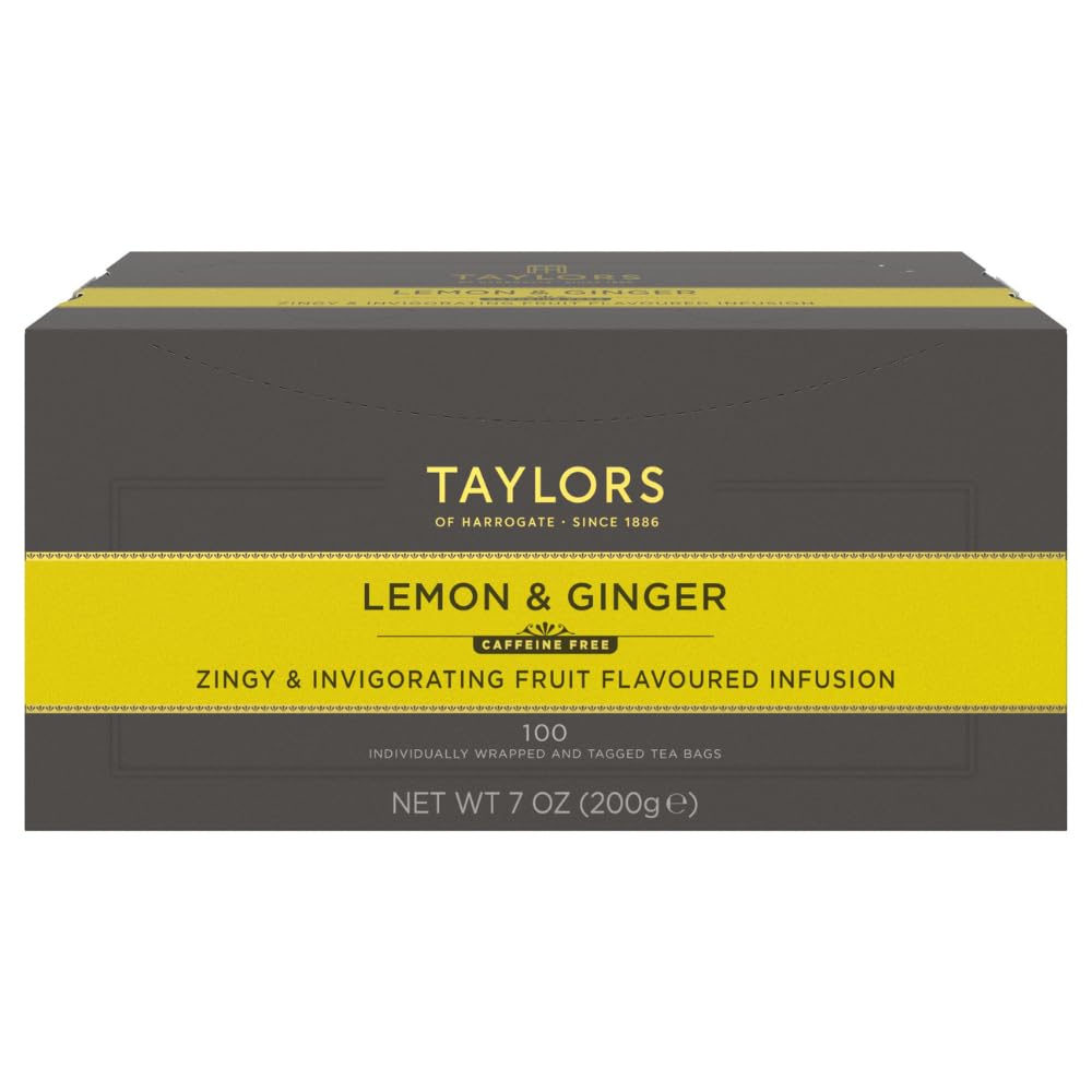 Taylors of Harrogate Lemon & Ginger tea packaging conveys fresh, caffeine-free refreshment.