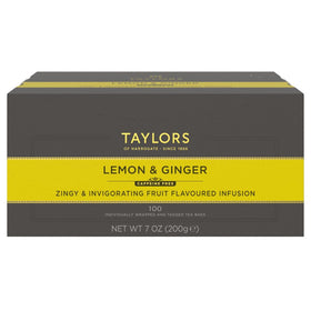 Taylors of Harrogate Lemon & Ginger tea packaging conveys fresh, caffeine-free refreshment.