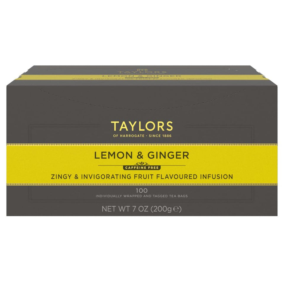 Taylors of Harrogate Lemon & Ginger tea packaging conveys fresh, caffeine-free refreshment.