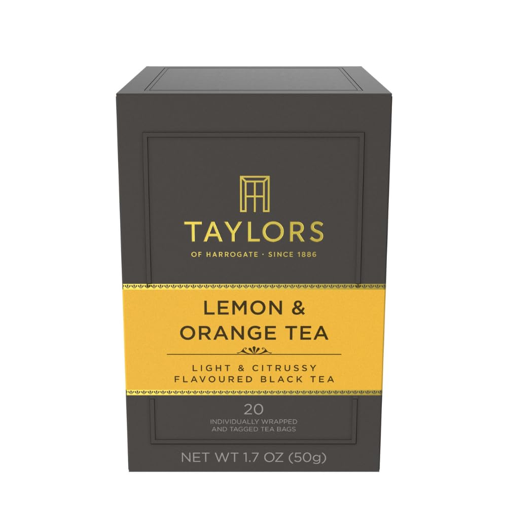 Taylors of Harrogate Lemon & Orange black tea bags ready to brew, a refreshing citrus boost.