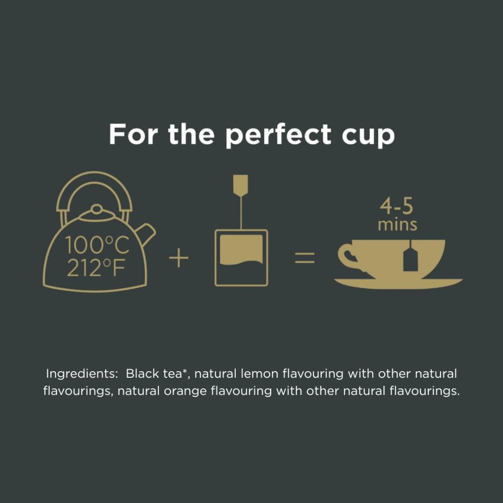 Taylors Lemon & Orange tea being poured into a cup, releasing a bright citrus aroma.