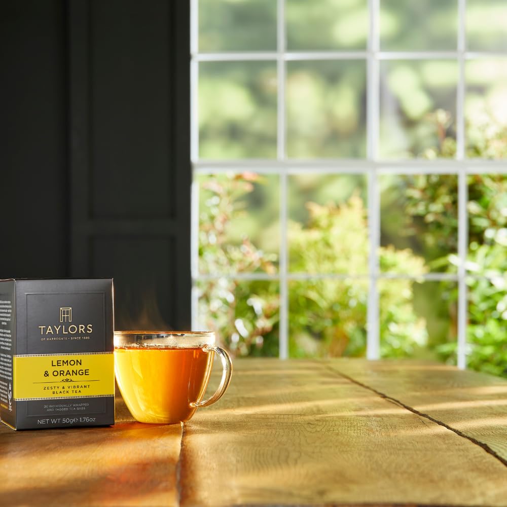 Taylors of Harrogate citrus tea packaging showing six individually wrapped packs for easy brewing.