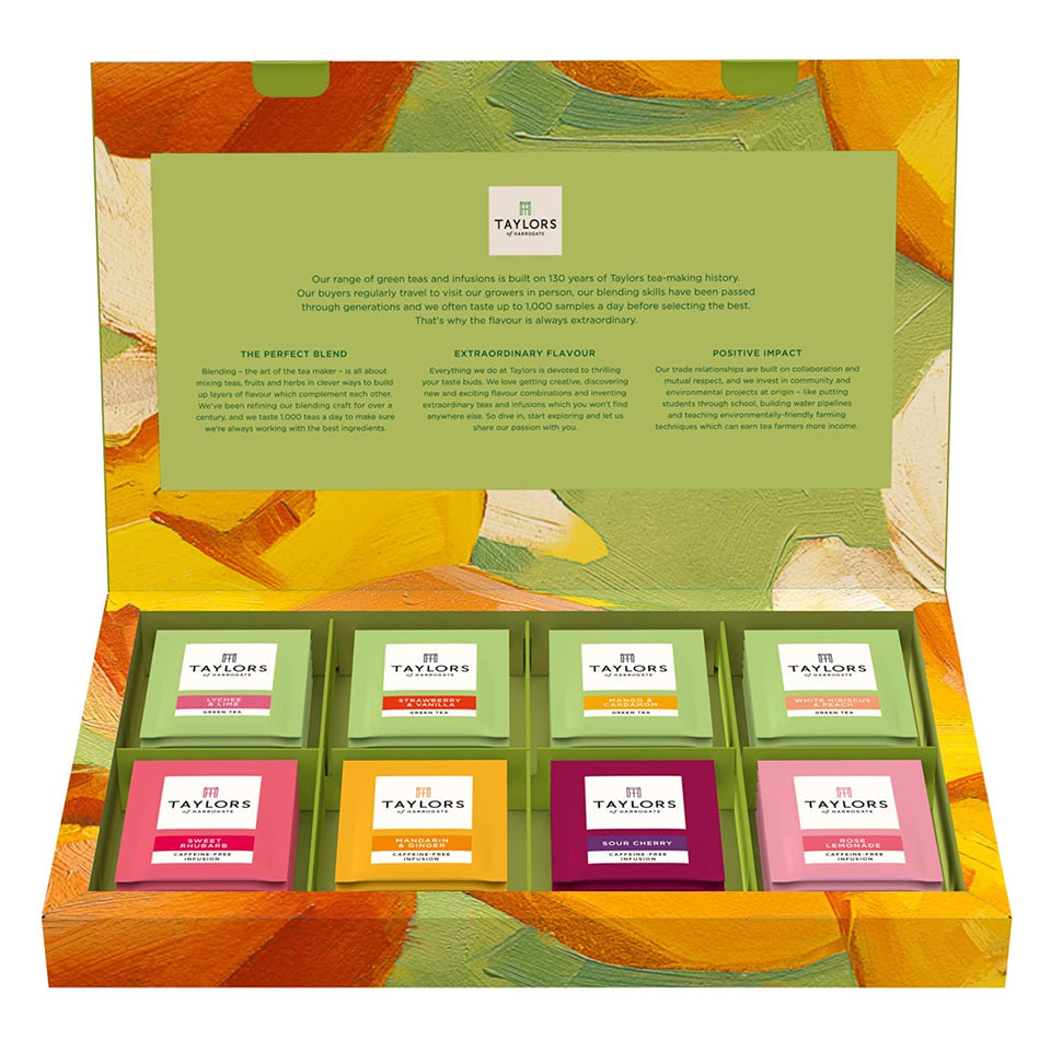 Taylors of Harrogate assorted teas box front, ideal for gifting and tasting.