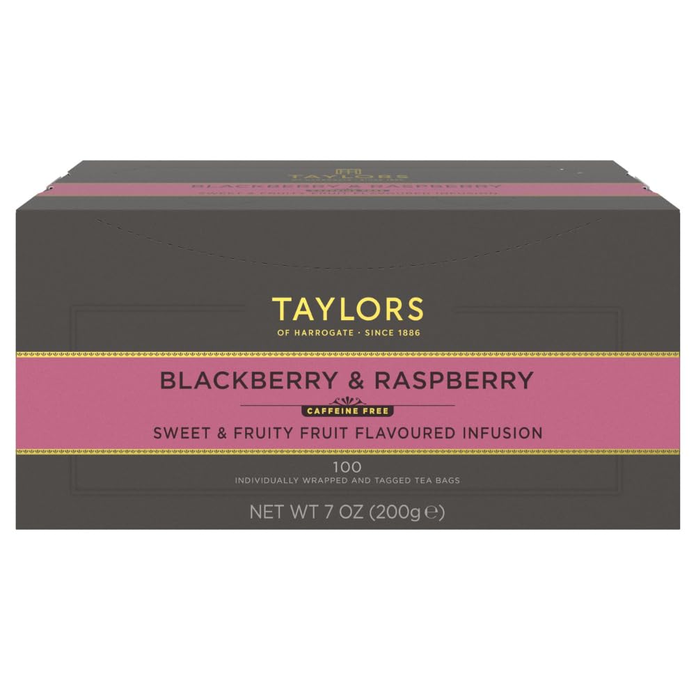 Taylors of Harrogate blackberry and raspberry herbal tea packaging highlighting caffeine-free, versatile infusion for hot or iced