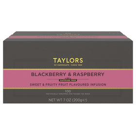 Taylors of Harrogate blackberry and raspberry herbal tea packaging highlighting caffeine-free, versatile infusion for hot or iced
