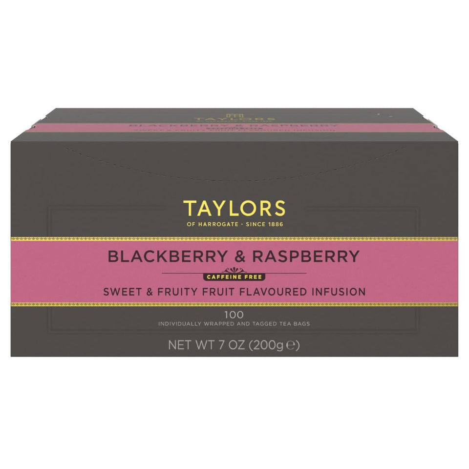 Taylors of Harrogate blackberry and raspberry herbal tea packaging highlighting caffeine-free, versatile infusion for hot or iced
