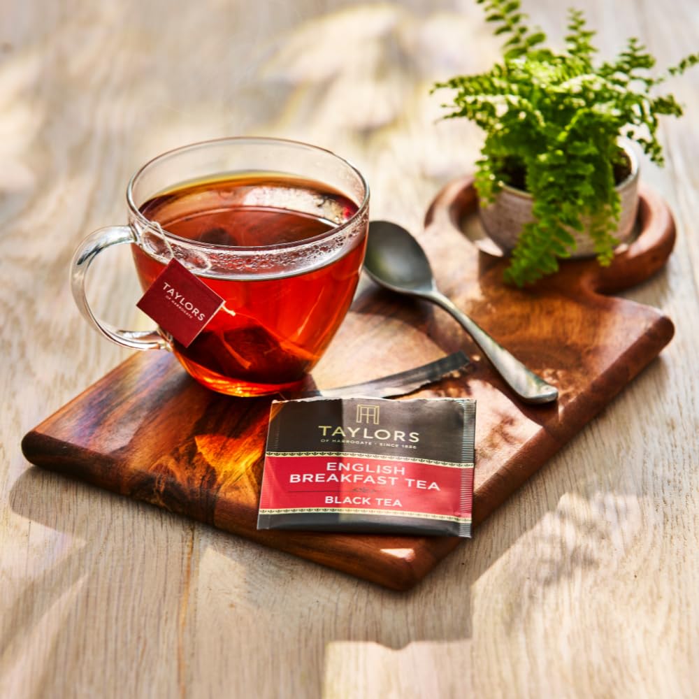 Taylors of Harrogate English Breakfast tea brewing shows a reliable, refreshing infusion.