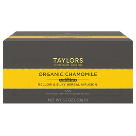 Taylors of Harrogate organic chamomile tea bags, a calming caffeine-free infusion for evening relaxation.