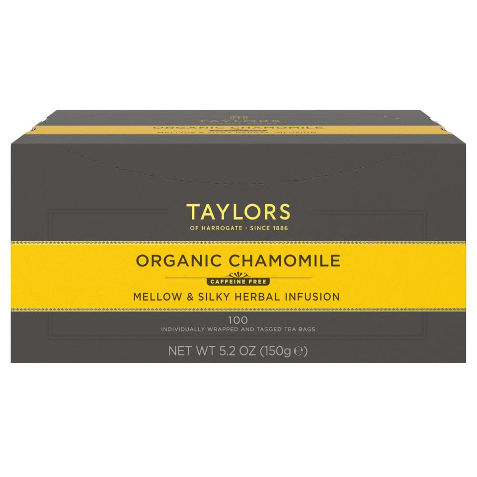 Taylors of Harrogate organic chamomile tea bags, a calming caffeine-free infusion for evening relaxation.