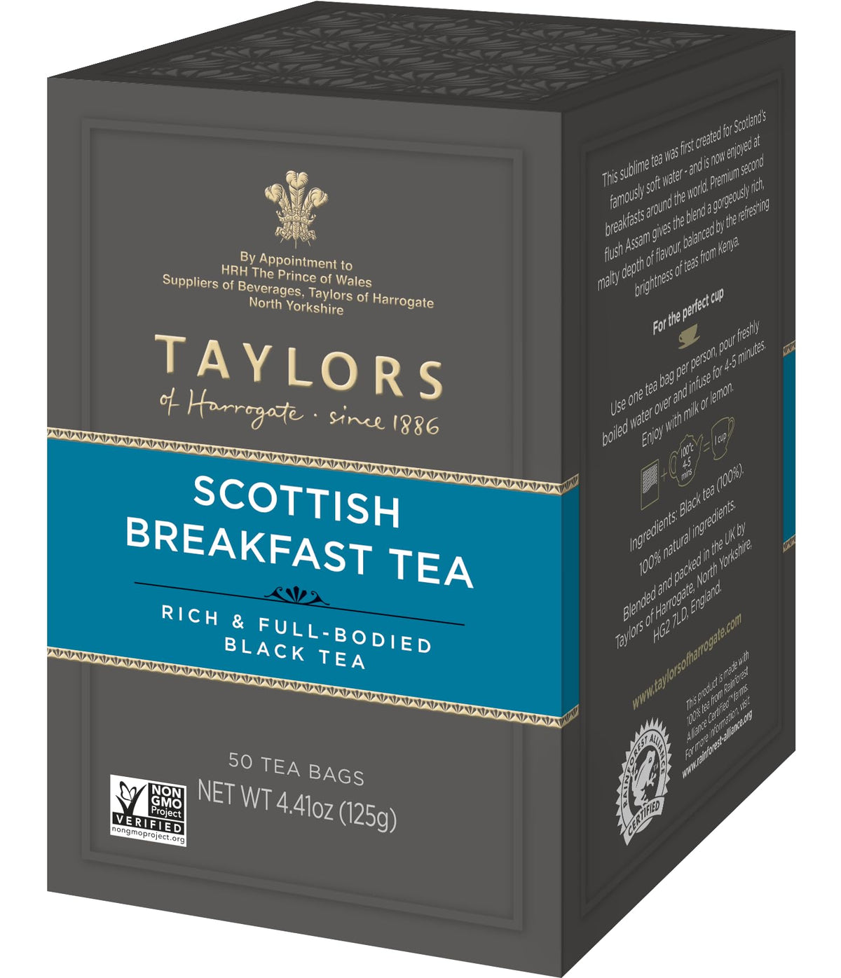 Taylors of Harrogate Scottish Breakfast tea bags in a box offer a bold morning start.