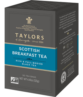Taylors of Harrogate Scottish Breakfast tea bags in a box offer a bold morning start.