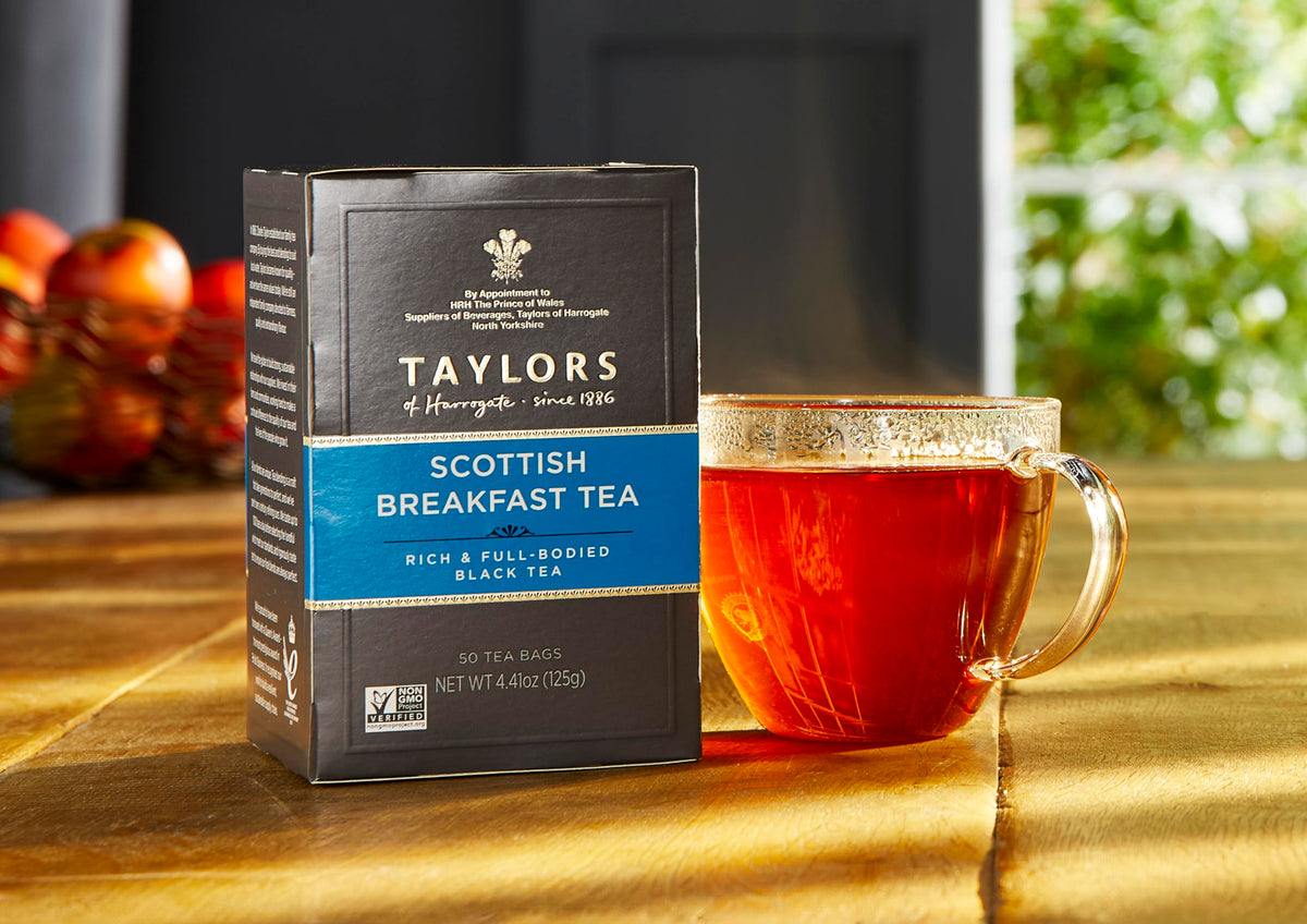 A steaming cup of Taylors of Harrogate Scottish Breakfast ready to enjoy.