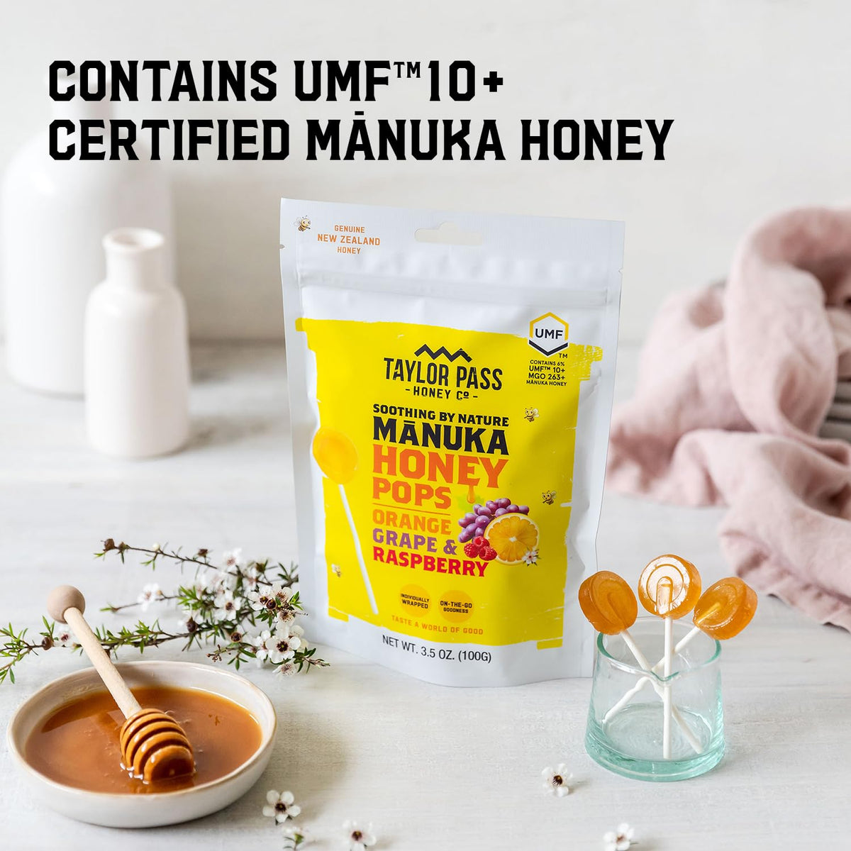 Taylor Pass Honey Co Mānuka Honey Pops Grape Pack kid-friendly berry flavor for gentle relief