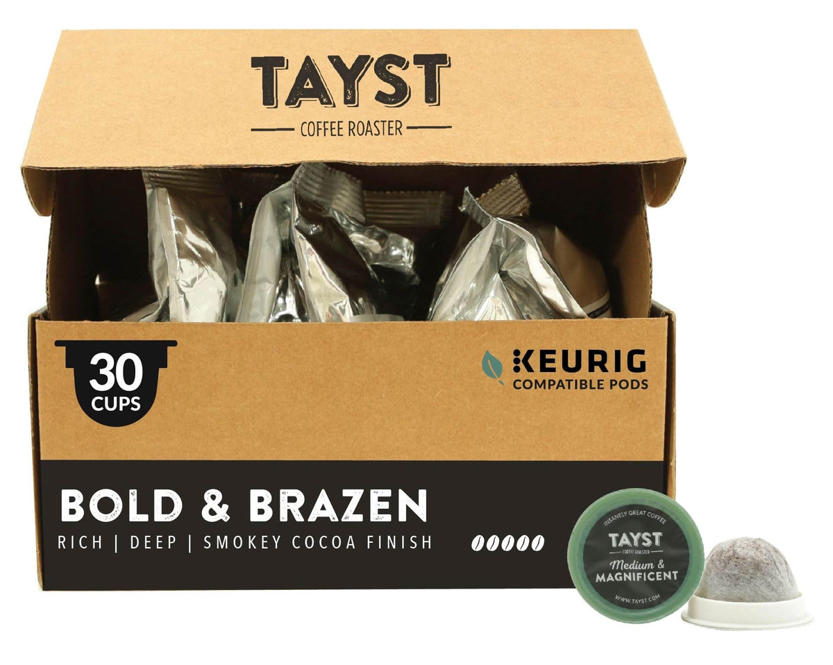 Tayst Bold & Brazen dark roast pod in pack, rich flavor for bold morning rituals.