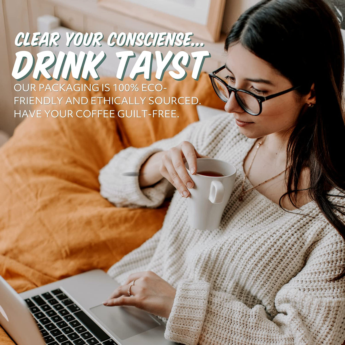 Tayst office break image with a single-serve cup on a busy desk