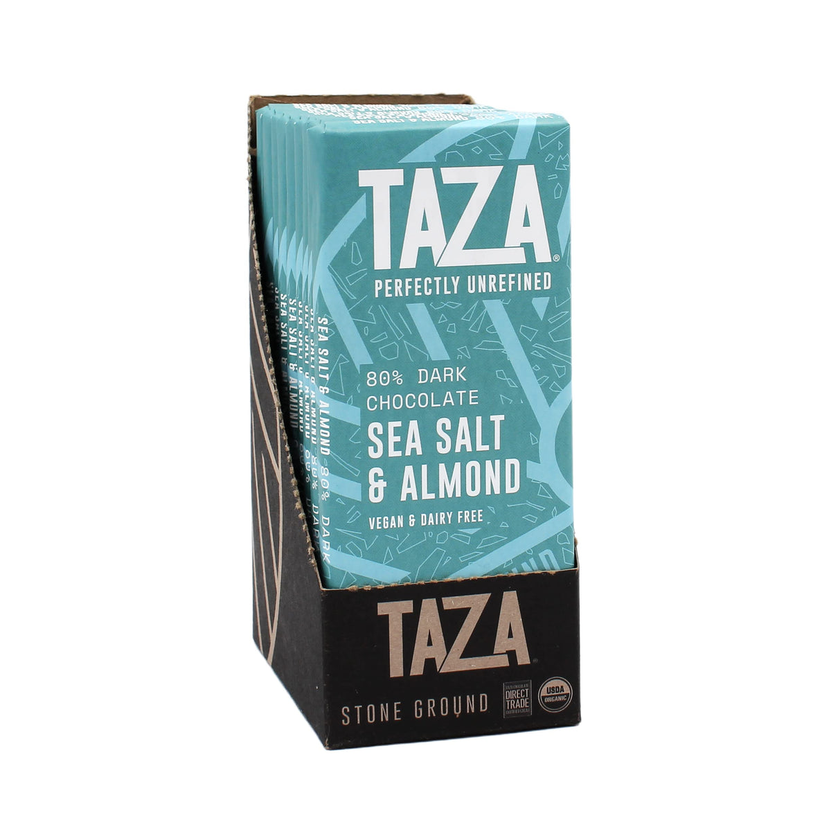 Taza Chocolate Amaze Bar 80% front view with sea salt and almonds.
