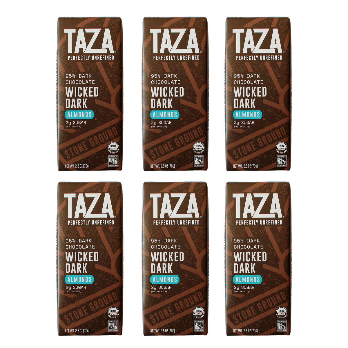 Taza Amaze 95% bar with almonds close-up shows bold cacao and crunchy almonds.