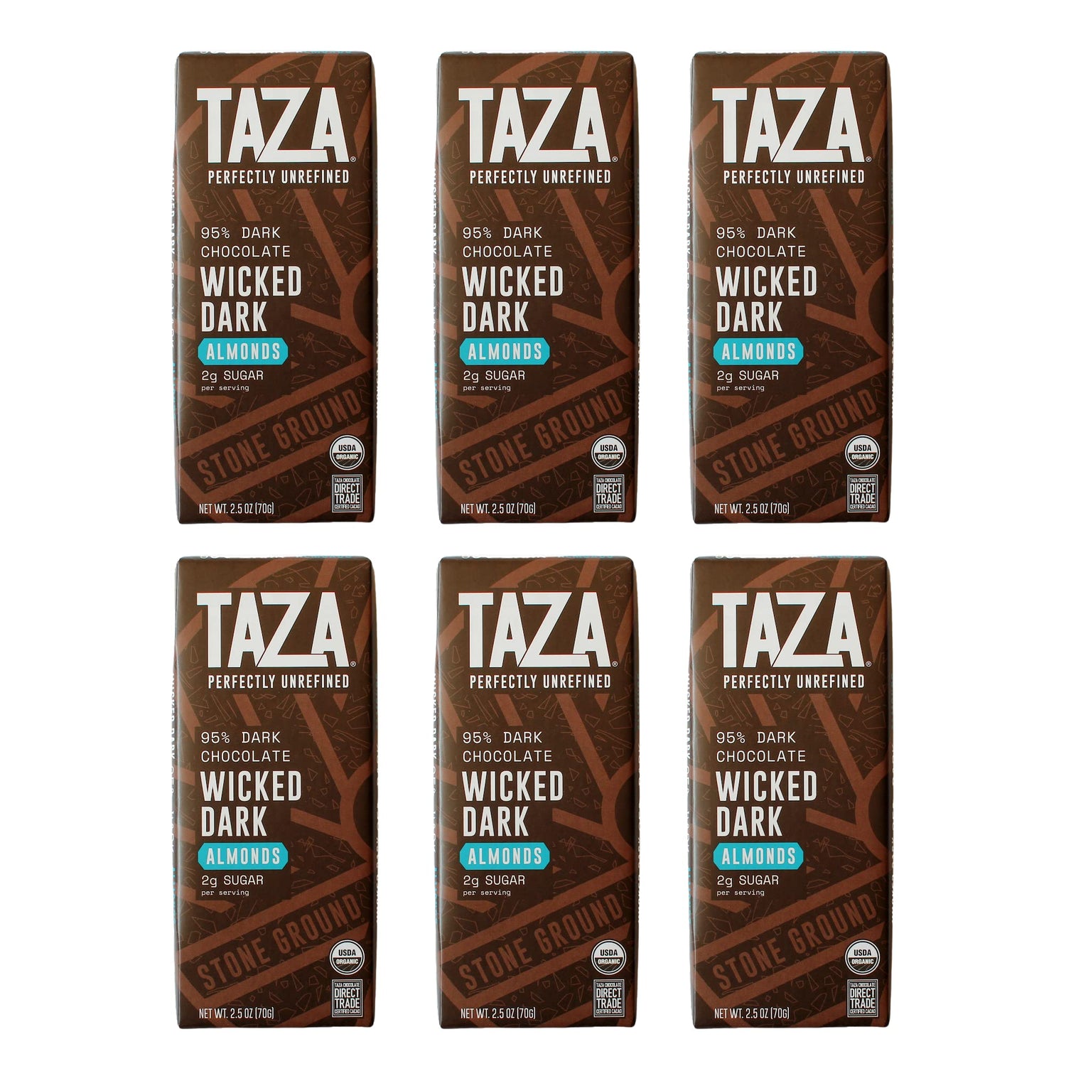 Taza Amaze 95% bar with almonds close-up shows bold cacao and crunchy almonds.