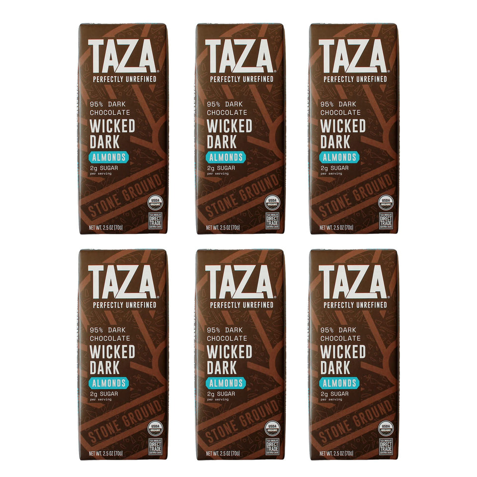Taza Amaze 95% bar with almonds close-up shows bold cacao and crunchy almonds.