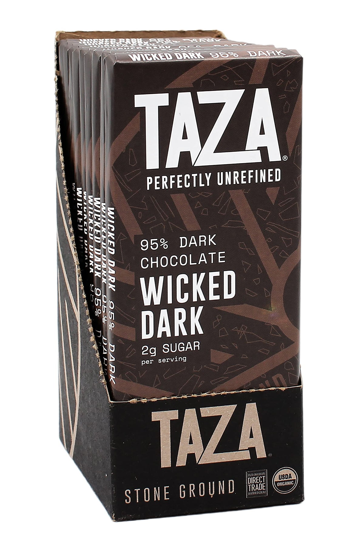 Taza Amaze Bar 95% with a bold, fruity flavor and gritty stone-ground texture.