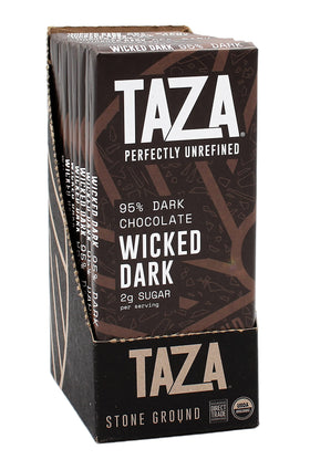 Taza Amaze Bar 95% with a bold, fruity flavor and gritty stone-ground texture.