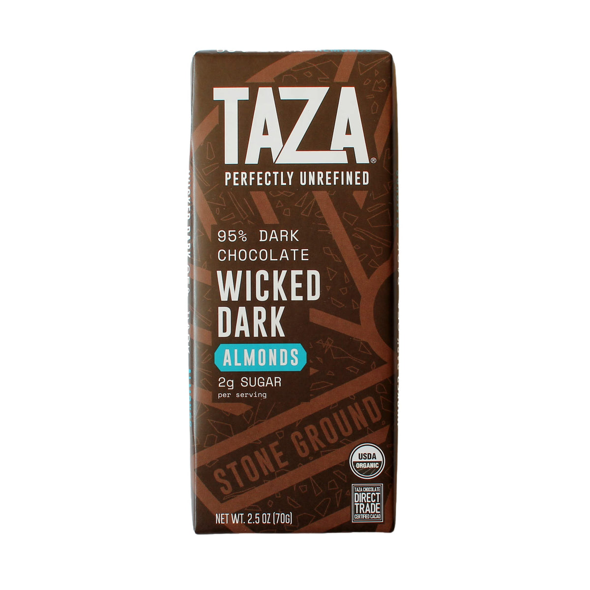 TAZA Amaze Bar almonds close-up, stone-ground cacao texture and crunch