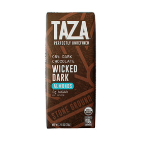 TAZA Amaze Bar almonds close-up, stone-ground cacao texture and crunch