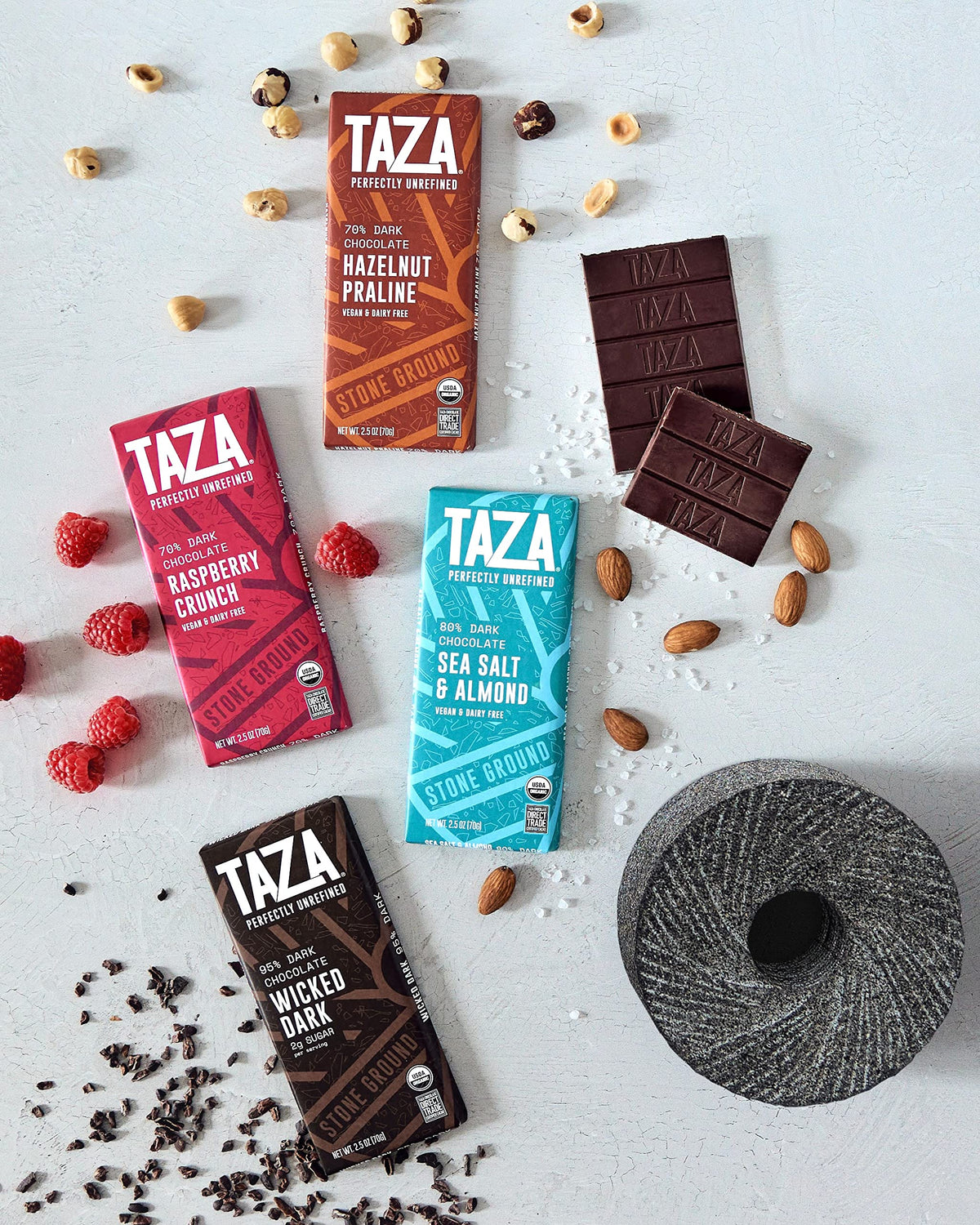 Taza Amaze 95% dark chocolate on surface, bold cacao with toasted coconut aroma