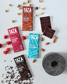 Taza Amaze 95% dark chocolate on surface, bold cacao with toasted coconut aroma