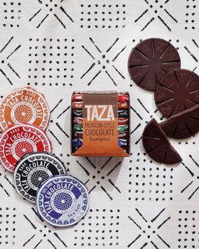 Direct Trade label on packaging highlights ethical sourcing for Taza Chocolate.