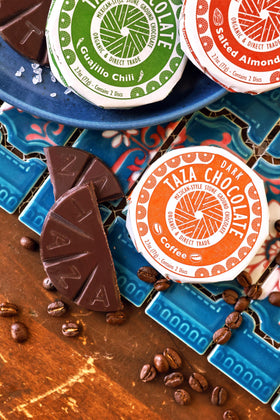 Eight-flavor lineup of Taza discs with bold, Mexican-inspired profiles for tasting variety.