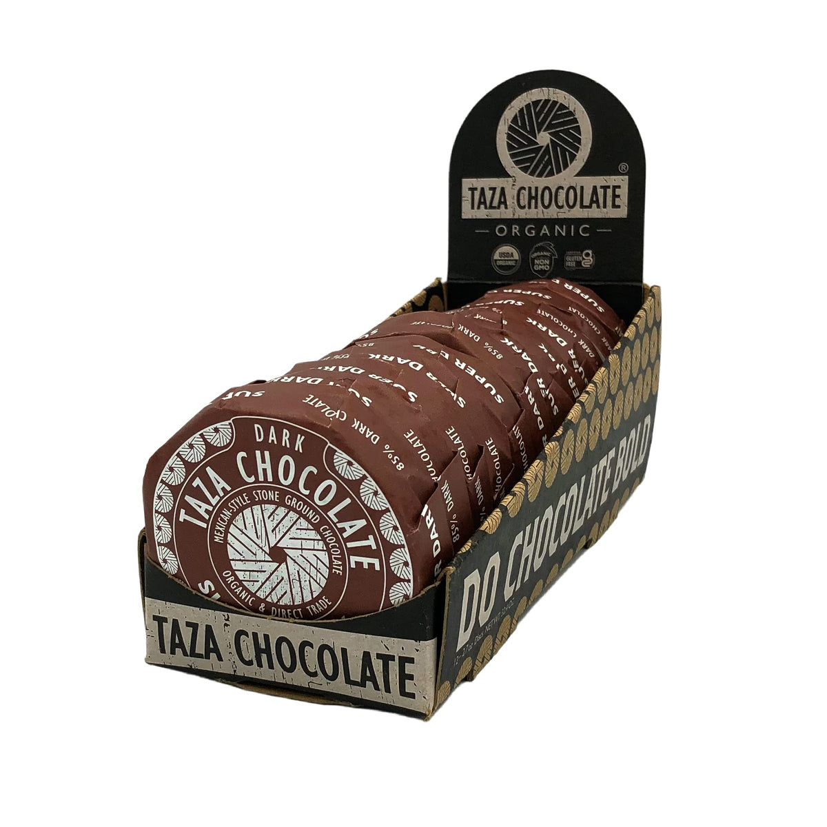 Taza Chocolate Mexicano Disc 85% close-up shows rustic stone-ground texture for savoring.