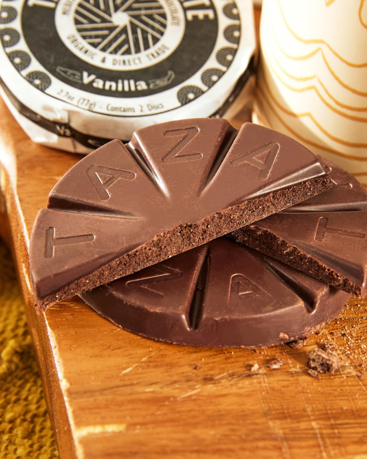 Taza Cacao Puro disc shows pure chocolate flavor, stone-ground texture.