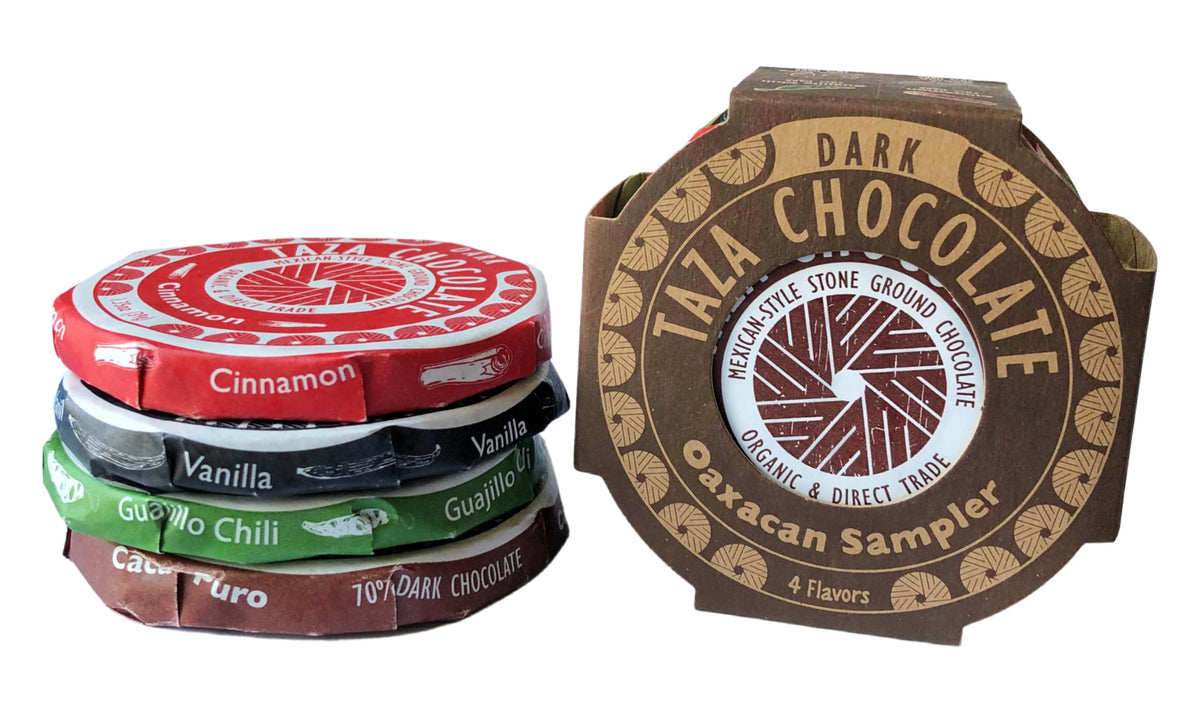 Taza Mexicano 4-pack disc pack highlighting stone-ground chocolate.