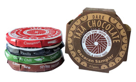 Taza Mexicano 4-pack disc pack highlighting stone-ground chocolate.