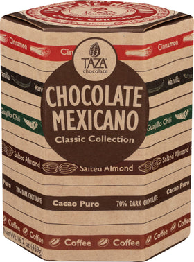Taza Chocolate Mexicano sampler pack front view highlights six bold flavors.