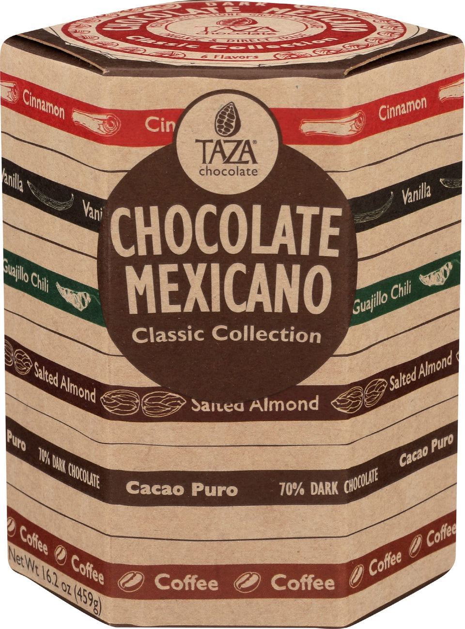 Taza Chocolate Mexicano sampler pack front view highlights six bold flavors.