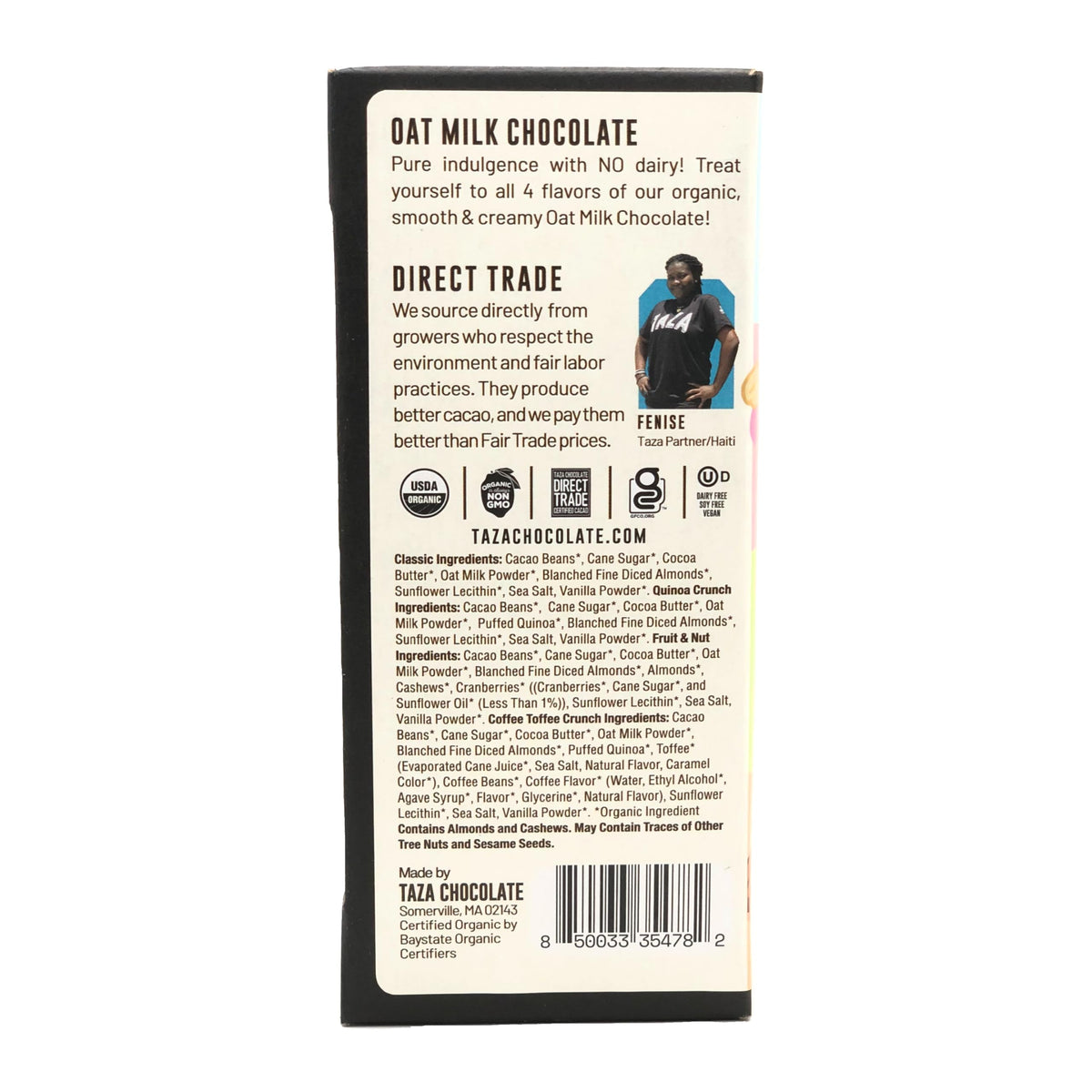 Taza Chocolate Organic Oat Milk Bar Quinoa Crunch, crunchy texture with plant-based creaminess.
