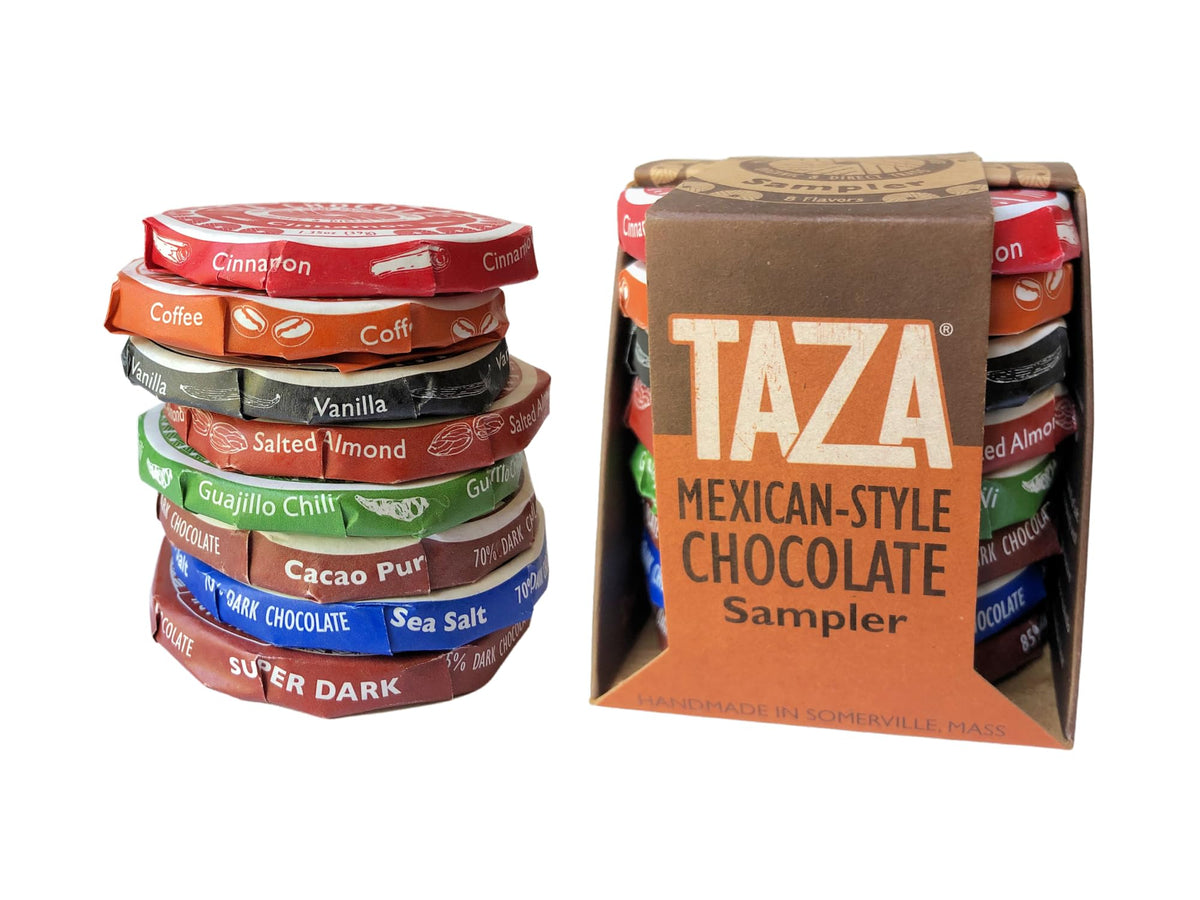 Taza Chocolate organic Mexicano discs variety pack on display, ideal for tasting and sharing.