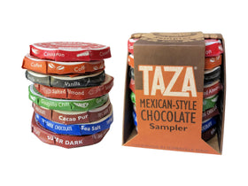 Taza Chocolate organic Mexicano discs variety pack on display, ideal for tasting and sharing.