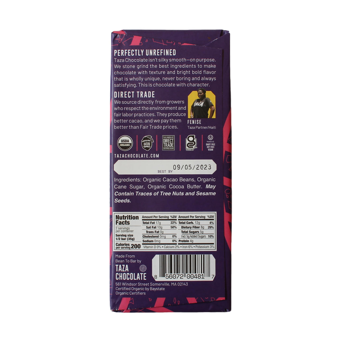 Organic, non-GMO labels on Taza packaging signify dietary transparency.