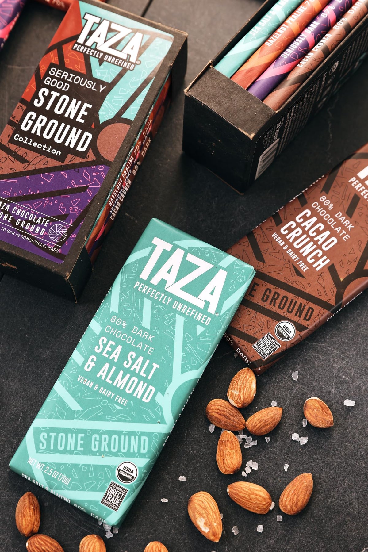 Sea Salt & Almond bar by Taza provides a balanced sweet-salty bite.