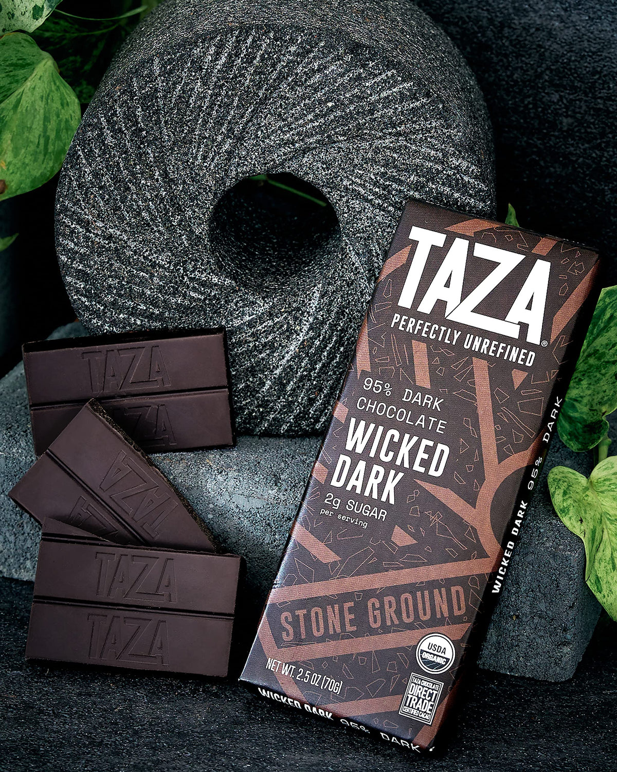 Taza Wicked Dark 95% chocolate showcases intense cacao aroma and smooth grit.