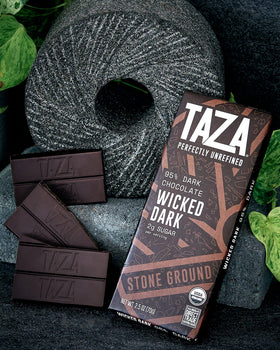 Taza Wicked Dark 95% chocolate showcases intense cacao aroma and smooth grit.